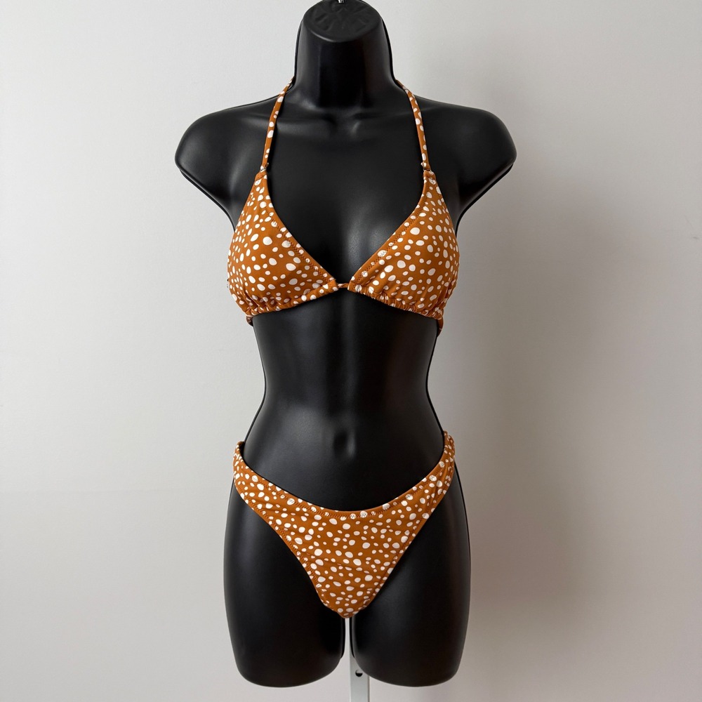 Rhythm Polka Dot Bikini Set Rust Orange White Triangle Top S High Cut Bottoms M
